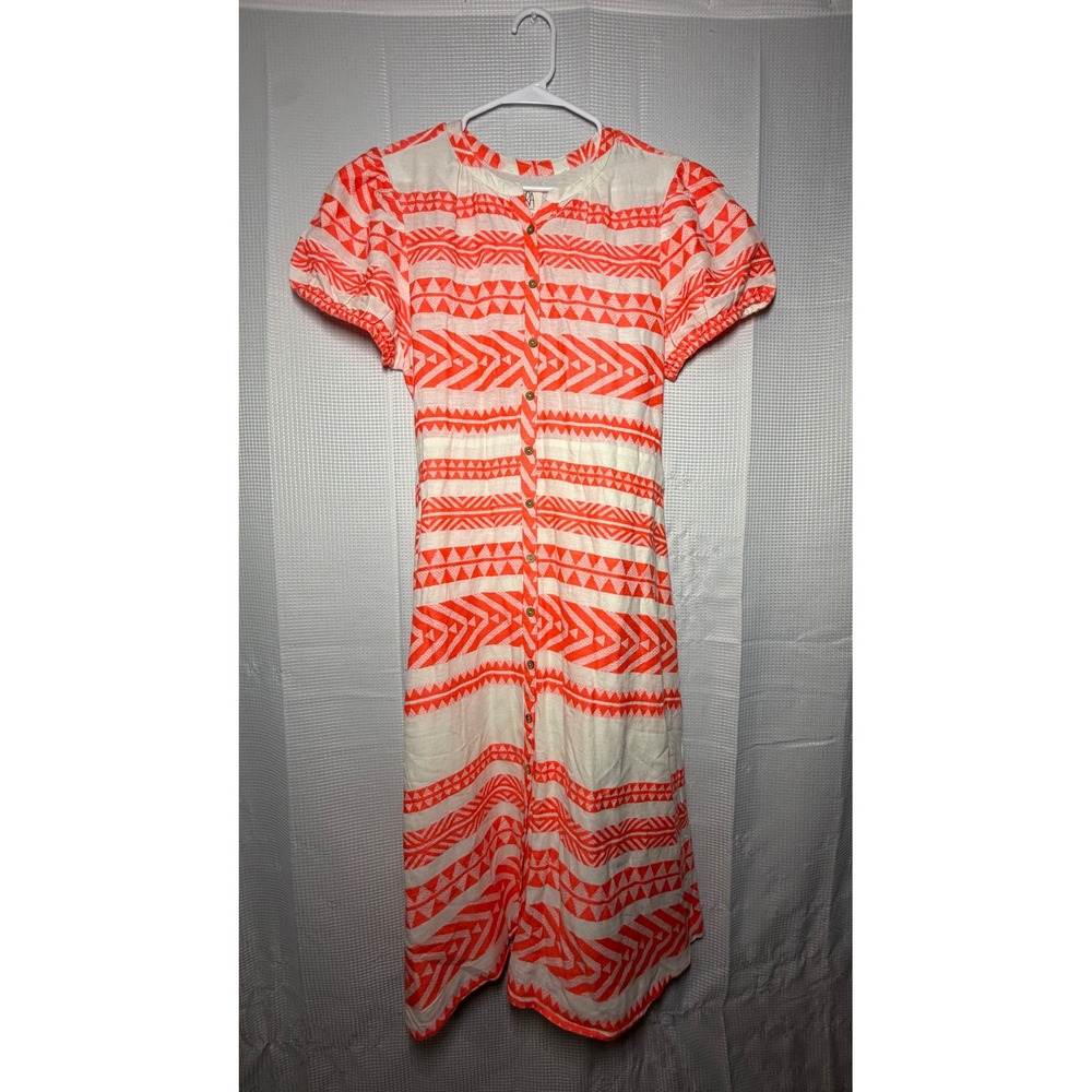 dRA Los Angeles Midi Dress Medium Orange White Geometric Button Front Tie Waist‎
